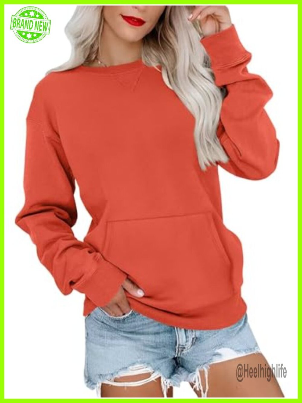 Womens Crewneck Sweatshirt Kangaroo Pocket Pullover Casual